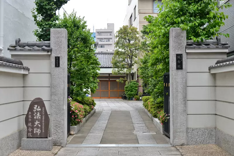 緑に囲まれた延命院の山門と参道